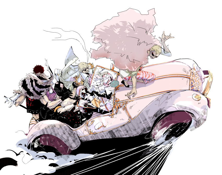 4boys black_gloves black_shirt blonde_hair boots brothers candy_saccharin capri_pants car charlotte_cracker charlotte_katakuri cigarette coat coat_on_shoulders donquixote_doflamingo donquixote_rocinante driving epaulettes food gloves heart heart_print highres knee_boots male_focus mochi motor_vehicle multiple_boys muscular muscular_male one_piece pants pink_coat pink_shirt purple_hair red_hair scarf shirt short_hair siblings speech_bubble squatting sunglasses white_background white_coat white_shirt