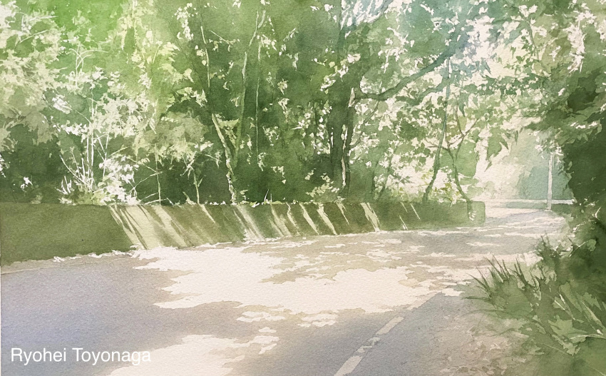 absurdres day forest highres highway nature no_humans original painting_(medium) plant road scenery shadow sunlight toyonaga_ryouhei traditional_media watercolor_(medium)