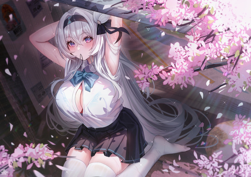 1girl absurdres arms_up black_hairband black_skirt blush breasts collared_shirt falling_petals firefly_(honkai:_star_rail) hair_tie_in_mouth hairband highres honkai:_star_rail honkai_(series) kneeling large_breasts long_hair looking_at_viewer mouth_hold petals pleated_skirt purple_eyes shirt shirt_tucked_in short_sleeves skirt solo tansuan_(ensj3875) thighhighs thighs tying_hair very_long_hair white_hair white_shirt white_thighhighs
