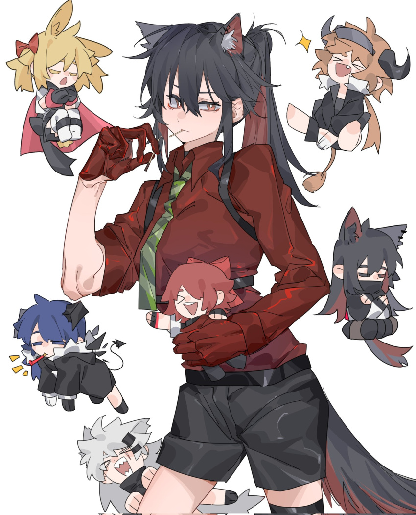 &gt;_&lt; 6+girls animal_ear_fluff animal_ears arknights asymmetrical_gloves black_gloves black_hair black_jacket black_shorts blonde_hair blue_hair bow bright_pupils cape closed_eyes collared_shirt commentary corrupted_twitter_file croissant_(arknights) demon_tail ear_piercing exusiai_(arknights) food food_in_mouth gloves green_necktie grey_hair hair_bow hair_ornament hairclip hand_up highres holding horns jacket lappland_(arknights) long_hair looking_at_viewer mismatched_gloves molu_stranger mostima_(arknights) multiple_girls necktie notice_lines open_mouth orange_eyes orange_hair party_whistle piercing pocky pocky_in_mouth ponytail rabbit_ears red_bow red_cape red_gloves red_hair red_shirt sharp_teeth shirt short_hair shorts simple_background sora_(arknights) sparkle tail teeth texas_(arknights) texas_(willpower)_(arknights) white_background white_gloves white_pupils wolf_ears wolf_tail