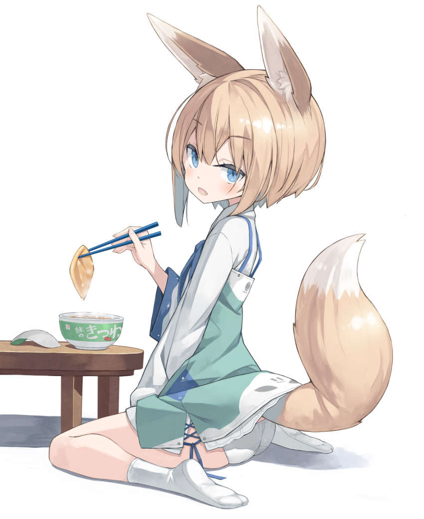 1girl accidental_exposure animal_ear_fluff animal_ears ass blonde_hair blue_eyes bowl chopsticks clothes_lift dress dress_lift food fox_ears fox_girl fox_tail from_behind green_dress highres looking_back open_mouth original panties poco_(asahi_age) shiratama_kitsune shirt short_dress short_hair sitting solo table tail thighs underwear white_panties white_shirt