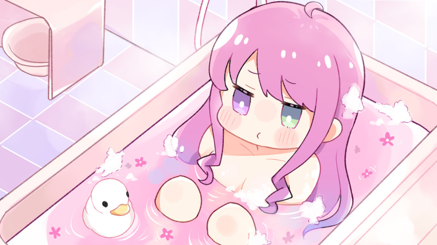 basin bath bath_stool blush cherry_blossoms chibi gradient_hair heterochromia himemori_luna hololive multicolored_hair pout rubber_duck soap_bubbles stool teriteri_tamago tile_floor tiles wet