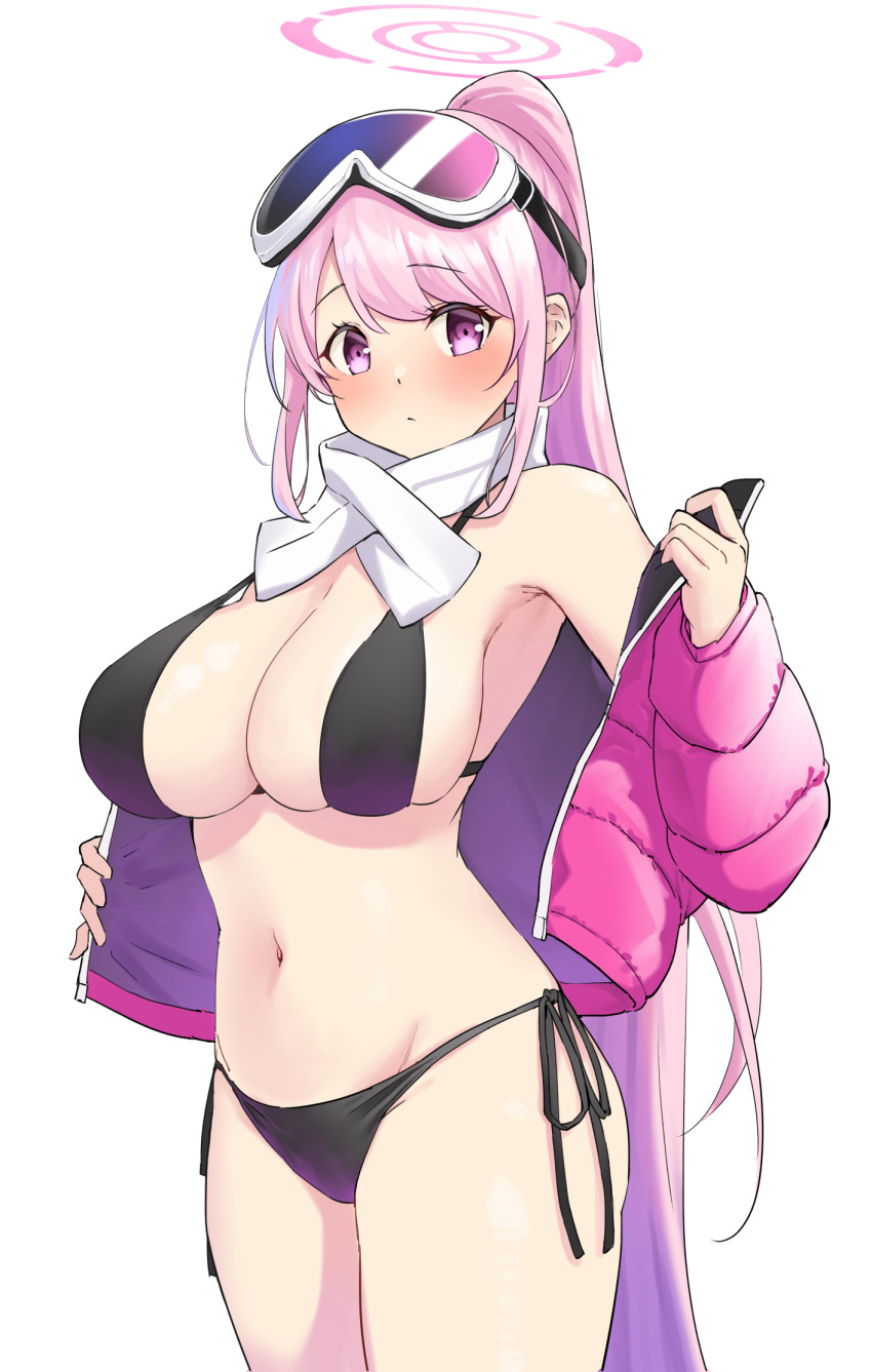 1girl bikini black_bikini blue_archive breasts cowboy_shot eimi_(blue_archive) eimi_(swimsuit)_(blue_archive) goggles goggles_on_head halo highres jacket large_breasts long_hair m_kong navel official_alternate_costume padded_jacket pink_eyes pink_hair pink_halo pink_jacket ponytail scarf side-tie_bikini_bottom simple_background ski_goggles solo standing swimsuit white_background white_scarf