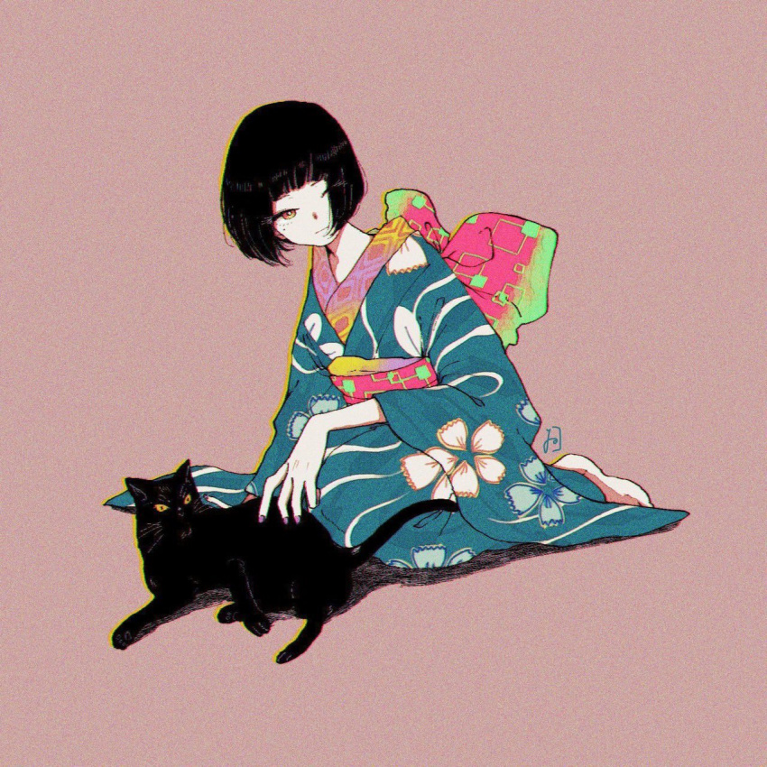 1girl animal artist_logo asagiwa_ico barefoot black_cat black_hair blue_kimono bob_cut cat feet floral_print_kimono floral_print_sash full_body highres japanese_clothes kimono looking_at_viewer obi original red_sash sash short_hair sitting solo