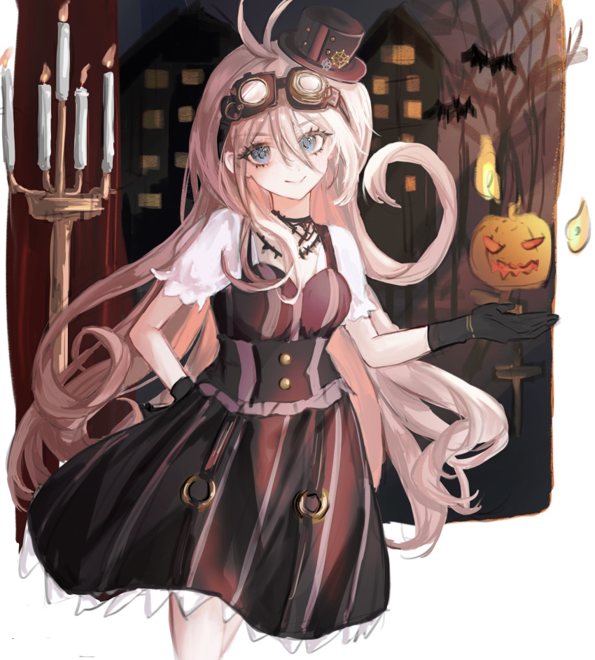 1girl absurdres azhenhgu black_gloves blue_eyes candle candlestand danganronpa_(series) danganronpa_v3:_killing_harmony dress gloves goggles goggles_on_head hat highres iruma_miu looking_at_viewer pink_hair pumpkin solo