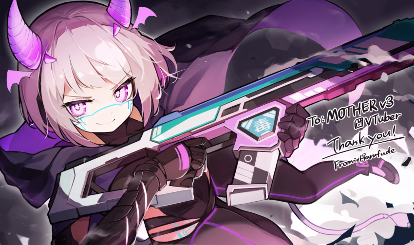 1girl apex_legends black_bodysuit black_cape blonde_hair bob_cut bodysuit cape closed_mouth colored_inner_hair commission covered_navel detached_horns gradient_hair groin gun hair_intakes harufude highres hip_vent holding holding_gun holding_weapon holographic_horns horns indie_virtual_youtuber looking_at_viewer motherv3 multicolored_hair neon_trim pink_eyes pink_hair pink_horns purple_cape r-301_carbine short_hair skeb_commission solo tail tail_through_clothes two-sided_cape two-sided_fabric virtual_youtuber weapon