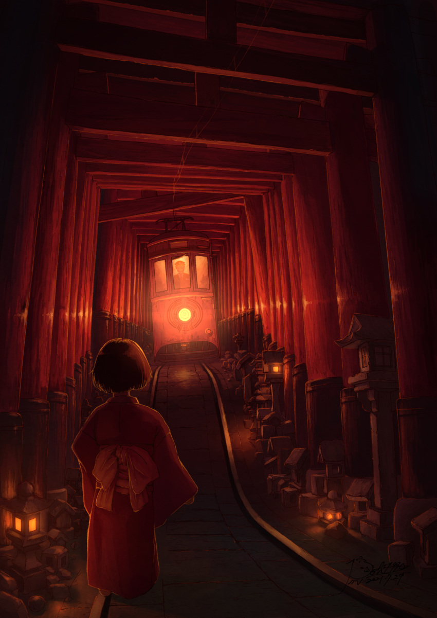 1boy 1girl black_hair bob_cut child commentary_request dark dated evil_smile hat highres japanese_clothes kimono light night obi original peaked_cap pochi_(poti1990) red_theme sash scenery short_hair shrine signature smile stone_lantern streetcar torii train_conductor yukata