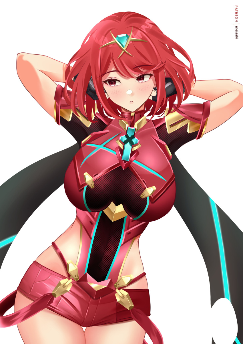 1girl absurdres arms_up artist_name breasts core_crystal_(xenoblade) covered_navel cowboy_shot fingerless_gloves gloves highres impossible_clothes large_breasts meisaki parted_lips patreon_username pyra_(xenoblade) red_eyes red_hair red_shorts short_hair short_shorts shorts solo swept_bangs thigh_gap tiara white_background xenoblade_chronicles_(series) xenoblade_chronicles_2