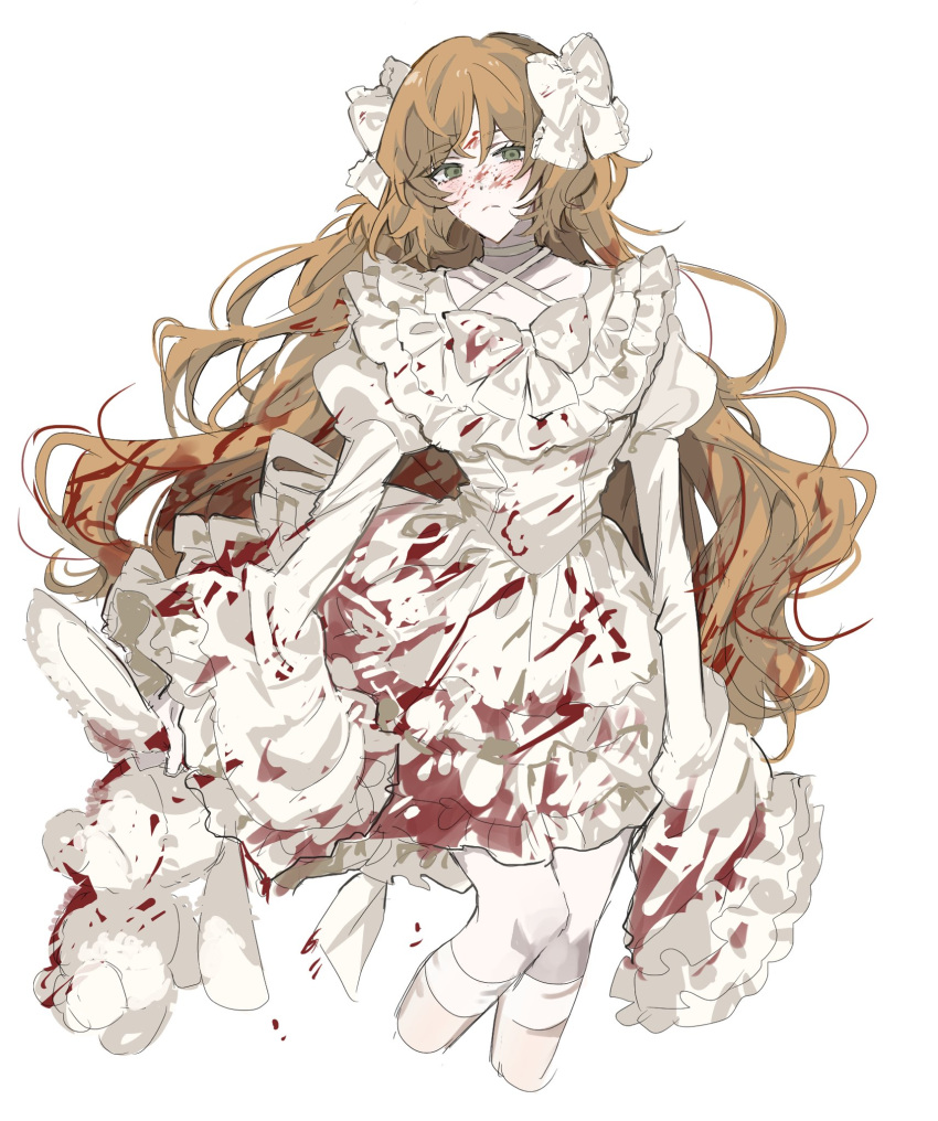 1girl blood blood_in_hair blood_on_clothes blood_on_face bow bowtie dress frilled_dress frills hair_bow highres holding holding_stuffed_toy ishmael_(project_moon) juliet_sleeves limbus_company long_hair long_sleeves mnt_(mnppf7) orange_hair project_moon puffy_sleeves sidelocks socks solo stuffed_animal stuffed_rabbit stuffed_toy very_long_hair white_bow white_bowtie white_dress white_socks