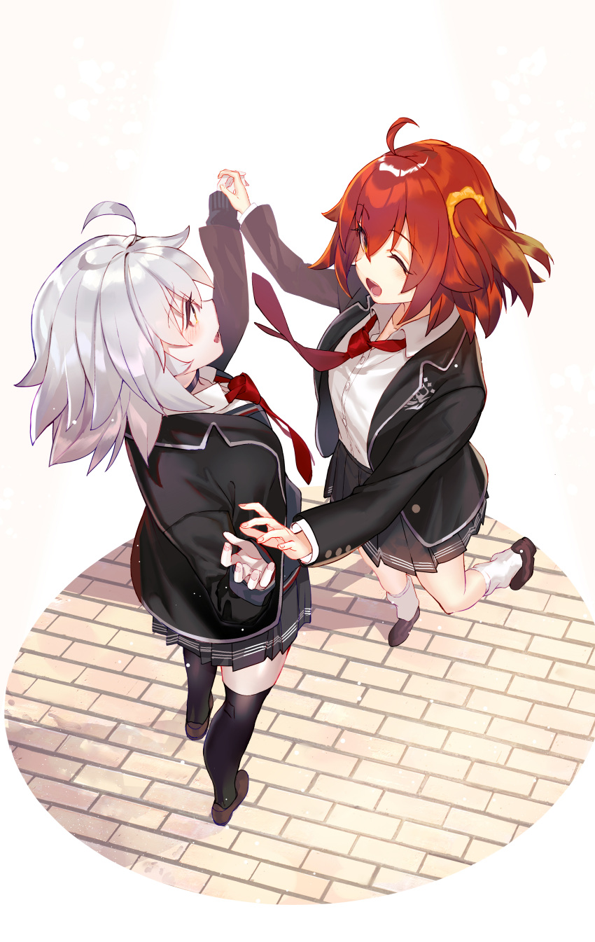 2girls absurdres ahoge black_jacket black_thighhighs collared_shirt commentary_request dancing fate/grand_order fate_(series) fujimaru_ritsuka_(female) grey_hair grey_skirt highres holding_hands jacket jeanne_d'arc_alter_(fate) looking_at_another multiple_girls necktie official_alternate_costume open_clothes open_jacket orange_eyes orange_hair pleated_skirt red_necktie school_uniform shirt short_hair side_ponytail skirt thighhighs tsukudani_(ore624) white_shirt yellow_eyes