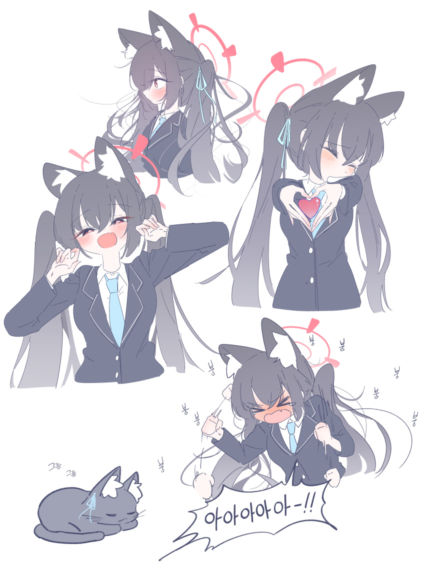 &gt;_&lt; 1girl absurdres afterimage animal_ears animification black_cat black_hair blue_archive blush cat cat_ears closed_eyes collage embarrassed halo heart heart_hands highres korean_text long_hair looking_at_viewer multiple_views nyan school_uniform serika_(blue_archive) shouting simple_background smsm516 twintails very_long_hair white_background