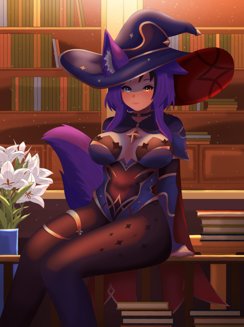 1girl animal_ear_fluff animal_ears artist_name awful_queen_(vtuber) bad_source book breasts cosplay flower fox_ears fox_girl genshin_impact heterochromia highres indie_virtual_youtuber large_breasts library looking_at_viewer mole mole_under_eye mona_(genshin_impact) mona_(genshin_impact)_(cosplay) monster_girl niquti purple_hair virtual_youtuber