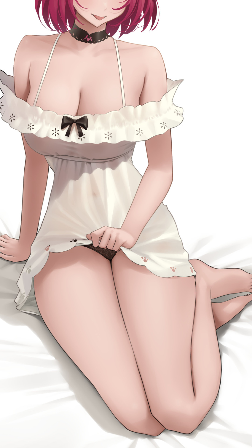 1girl absurdres bare_legs black_choker breasts choker cleavage clothes_lift commentary dress english_commentary highres hololive hololive_english irys_(casualrys)_(hololive) irys_(hololive) kneehighs lace-trimmed_choker lace_trim legs no_shoes off-shoulder_dress off_shoulder official_alternate_costume official_alternate_hairstyle red_hair short_hair simple_background skirt skirt_lift socks solo somebody_(leiking00) thighs tongue tongue_out virtual_youtuber white_background white_dress