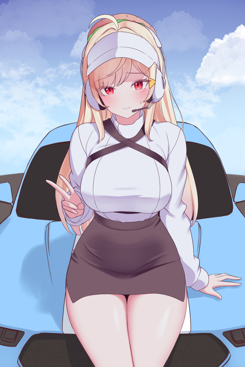 1girl absurdres ahoge bare_legs blonde_hair blue_sky breasts brown_skirt car cloud criss-cross_straps hamburger_hat headset highres jingburger large_breasts long_hair long_sleeves looking_at_viewer miniskirt motor_vehicle nervous_smile pencil_skirt red_eyes side_slit sitting sitting_on_car skirt sky smile solo sundance0218 sweatdrop sweater swept_bangs very_long_hair virtual_youtuber visor_cap waktaverse white_hat white_sweater