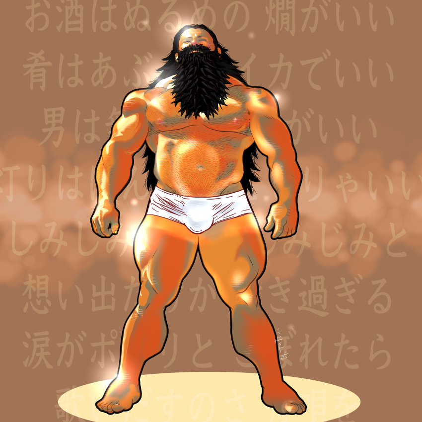 1boy abs absurdres alternate_muscle_size bara beard boxer_briefs brown_theme bulge closed_eyes da_(arttatsu1) dungeon_meshi dwarf facial_hair full_beard full_body hairy highres large_pectorals long_beard male_focus male_underwear mature_male muscular muscular_male navel nipples pectorals senshi_(dungeon_meshi) shiny_skin solo standing stomach strongman_waist tan thick_beard thick_eyebrows thick_mustache thick_thighs thighs thighs_together topless_male translation_request underwear very_long_beard white_male_underwear