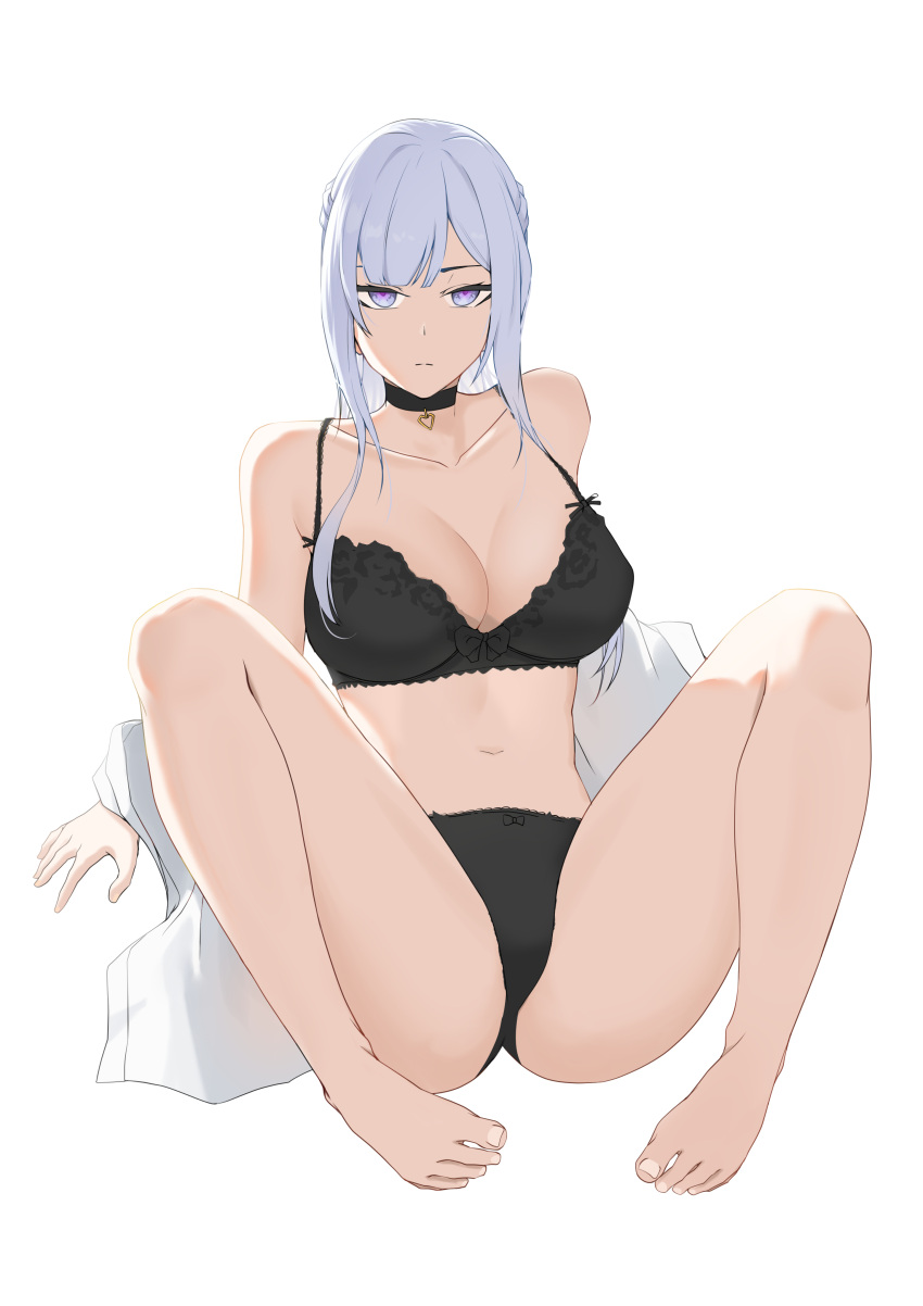 1girl absurdres ak-12_(girls'_frontline) bare_legs barefoot black_bra black_choker black_panties bra bra_strap braid breasts choker cleavage closed_mouth clothes_pull collarbone copper eyebrows_visible_through_hair feet french_braid girls'_frontline heart heart_print highres jewelry legs long_hair looking_at_viewer medium_breasts navel necklace no_shoes open_clothes open_shirt panties purple_eyes serious shirt shirt_pull silver_hair sitting solo spread_legs toes underwear white_background white_shirt