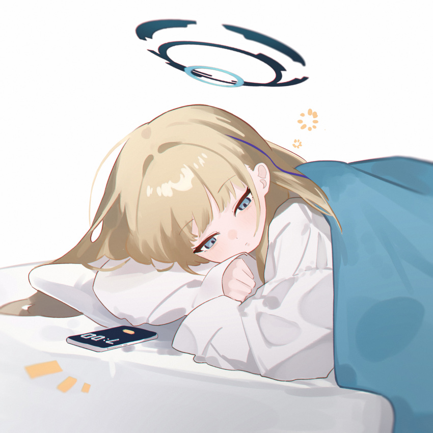 1girl :o absurdres blonde_hair blue_archive blue_eyes cellphone_photo commentary eco_376124 halo highres lying notice_lines on_side shirt sleepy solo squeans toki_(blue_archive) under_covers waking_up white_shirt