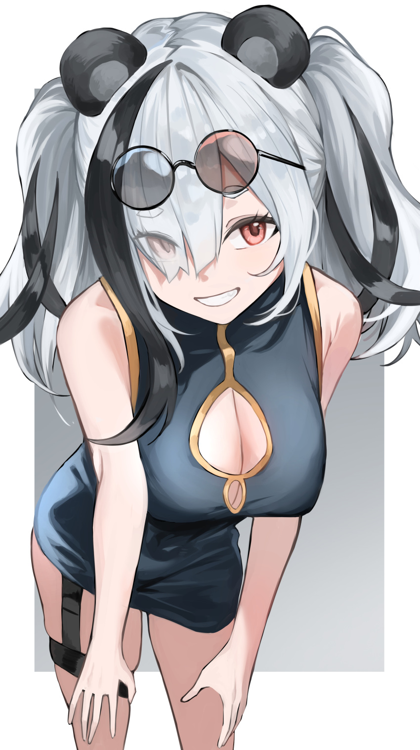 1girl absurdres animal_ears arknights bare_arms bare_shoulders black_hair breasts china_dress chinese_clothes cleavage_cutout clothing_cutout commentary_request dress eyes_visible_through_hair eyewear_on_head feater_(arknights) grey_background grey_hair hair_over_one_eye hand_on_knees highres large_breasts leaning_forward looking_at_viewer multicolored_hair panda_ears panda_girl puranetto_(vjun4748) red_eyes round_eyewear smile solo streaked_hair sunglasses thigh_strap twintails two-tone_background white_background