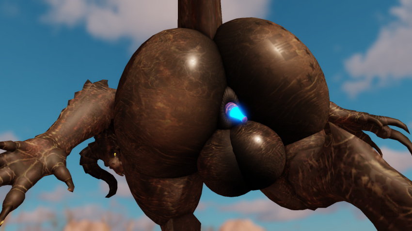 3d_(artwork) anal anus balls bethesda_softworks big_butt brown_body butt butt_tattoo claws deathclaw digital_media_(artwork) enclave_(fallout) fallout feral genitals glowing glowing_eyes hi_res horn huge_butt looking_at_viewer looking_back low-angle_view male monster nuka-cola object_in_ass puffy_anus raised_arms raised_tail reptile roblox scalie sky solo spikes spikes_(anatomy) tail tattoo watermark willie_piv yellow_eyes