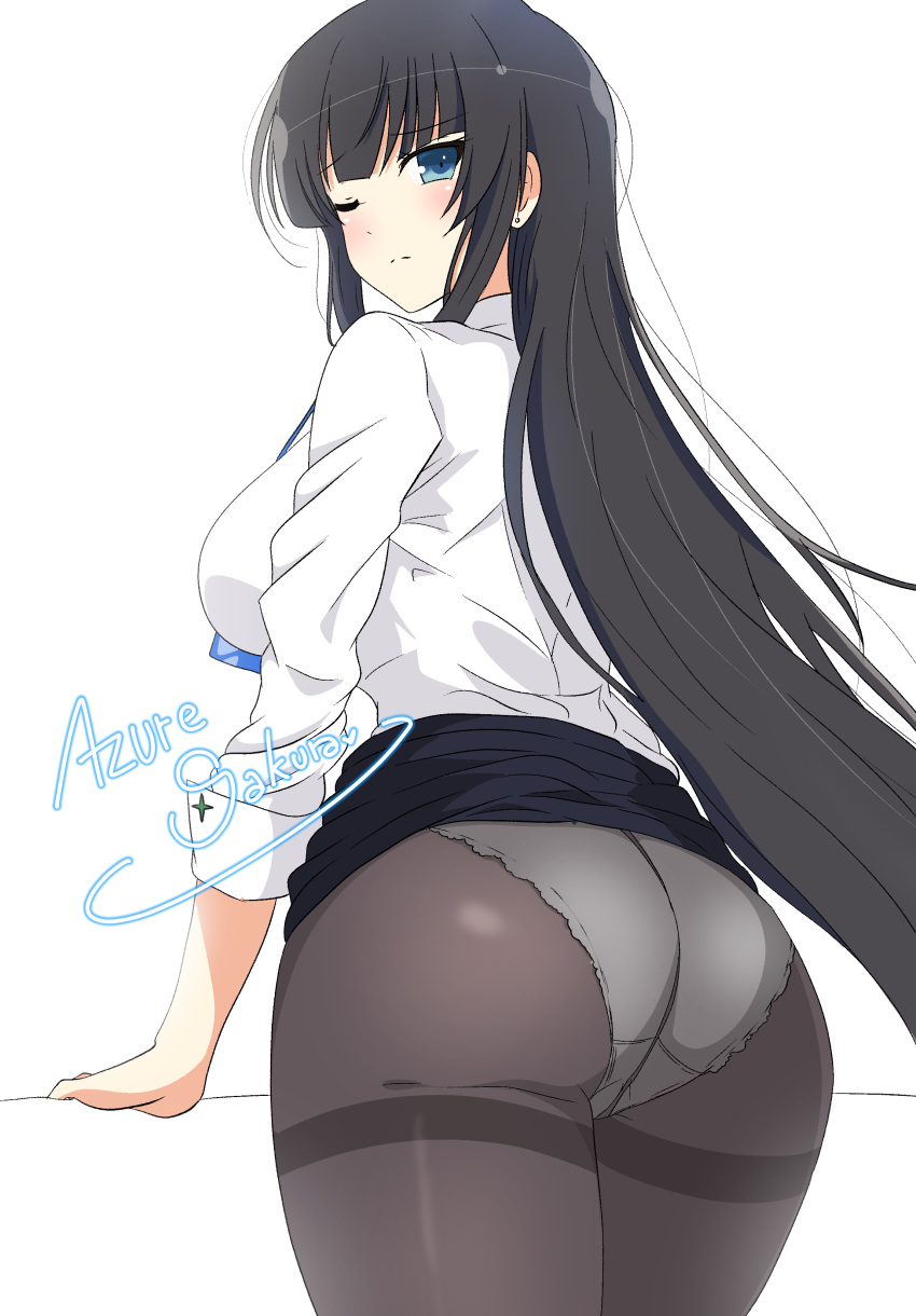 1girl absurdres azuresakura black_hair black_pantyhose blue_eyes blush breasts closed_mouth clothes_lift dress_shirt from_behind highres hime_cut ikaruga_(senran_kagura) large_breasts leaning_on_object long_hair looking_back office_lady one_eye_closed panties panties_under_pantyhose pantyhose pantyshot senran_kagura shirt skirt skirt_lift underwear white_shirt