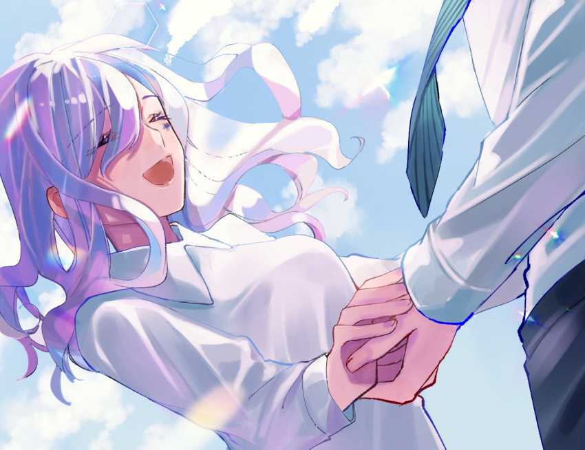 1boy 1girl blue_sky breasts cerejeira_elron closed_eyes fate/grand_order fate_(series) hand_on_own_hip large_breasts long_hair multicolored_hair necktie rdbka_00 shirt sky smile white_shirt