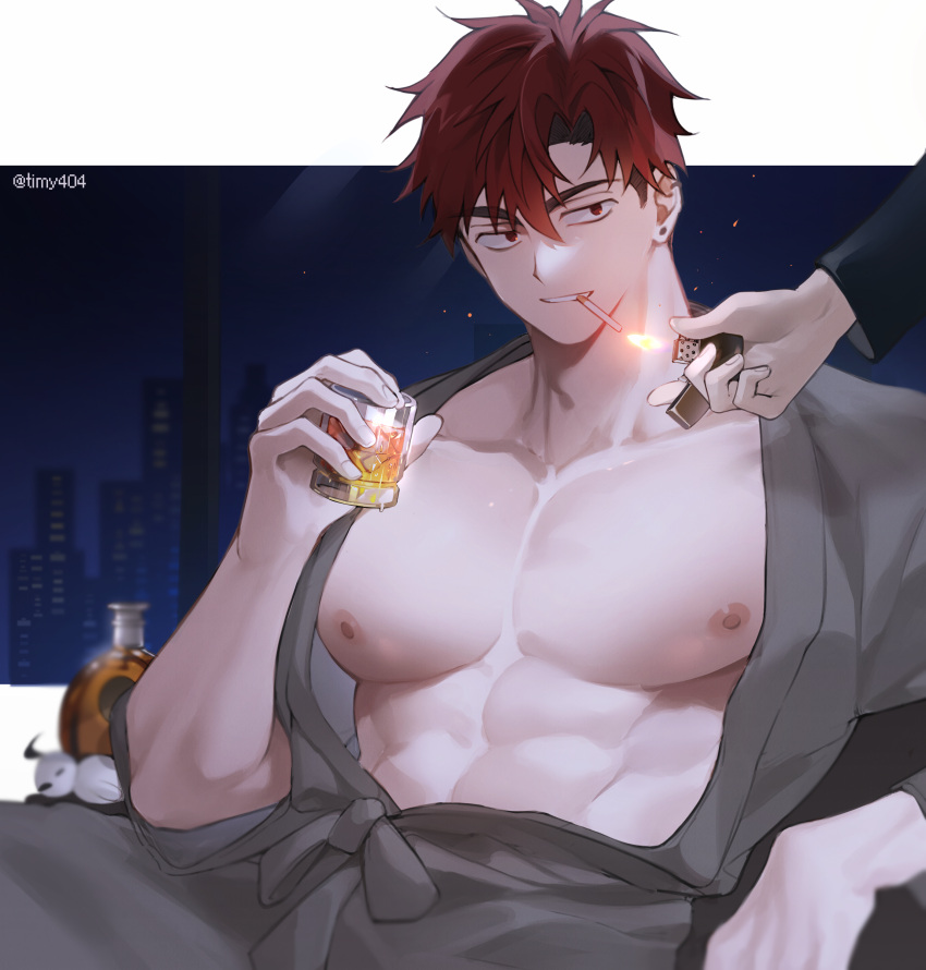 1boy abs absurdres arm_rest bottle cigarette collarbone couch cup ear_piercing grey_kimono hand_up highres holding holding_cup holding_lighter japanese_clothes kimono leaning_back light_smile lighter looking_to_the_side male_focus night nipples on_couch open_clothes original parted_bangs pectorals piercing red_eyes red_hair short_hair sitting smoking timy505 twitter_username upper_body window