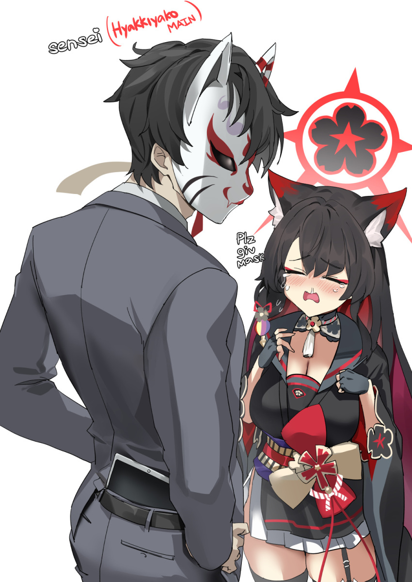 1boy 1girl animal_ear_fluff animal_ears black_kimono blazingchaos blue_archive blue_archive_the_animation breasts cleavage crying english_text fingerless_gloves fox_ears fox_girl fox_mask gloves halo highres japanese_clothes kimono long_hair mask red_halo sensei_(blue_archive) sensei_(blue_archive_the_animation) snot tablet_pc wakamo_(blue_archive)