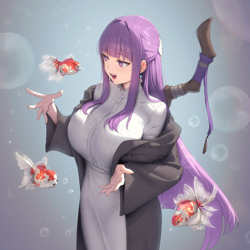 1girl black_robe blunt_bangs breasts bubble dress earrings fern_(sousou_no_frieren) fish highres jewelry koi large_breasts mage_staff muloli open_hands open_mouth purple_eyes purple_hair purple_pupils robe solo sousou_no_frieren straight_hair white_dress