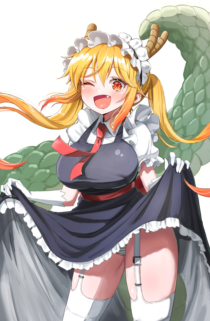 1girl ;d absurdres black_dress blonde_hair blush breasts clothes_lift dragon_girl dragon_horns dragon_tail dress dress_lift fang frilled_dress frills gloves gradient_hair highres horns hungry0126 kobayashi-san_chi_no_maidragon large_breasts large_tail long_hair looking_at_viewer maid maid_headdress multicolored_hair necktie one_eye_closed open_mouth orange_eyes panties puffy_short_sleeves puffy_sleeves red_necktie red_sash sash scales shirt short_sleeves simple_background slit_pupils smile solo striped_clothes striped_panties tail thighhighs tohru_(maidragon) twintails underwear white_background white_gloves white_shirt white_thighhighs wing_collar