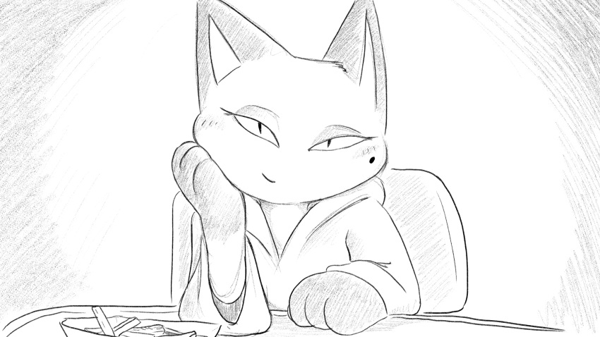 animal_crossing anthro chair clothed clothing digital_drawing_(artwork) digital_media_(artwork) domestic_cat dragonweirdo eyelashes felid feline felis female food fries furniture greyscale hand_on_face hi_res hoodie looking_at_viewer mammal monochrome nintendo olivia_(animal_crossing) on_chair simple_background sitting sitting_on_chair solo table topwear