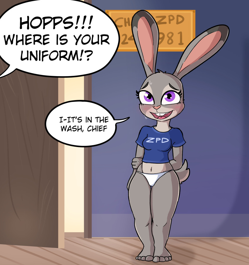 2024 absurd_res anthro blush bodily_fluids breasts clothing dialogue dipstick_ears disney eyebrows eyelashes female fur grey_body grey_fur hand_behind_back hi_res inside judy_hopps lagomorph leporid mammal medium_breasts multicolored_ears navel open_mouth panties purple_eyes rabbit shirt solo sweat tjpones topwear underwear zootopia