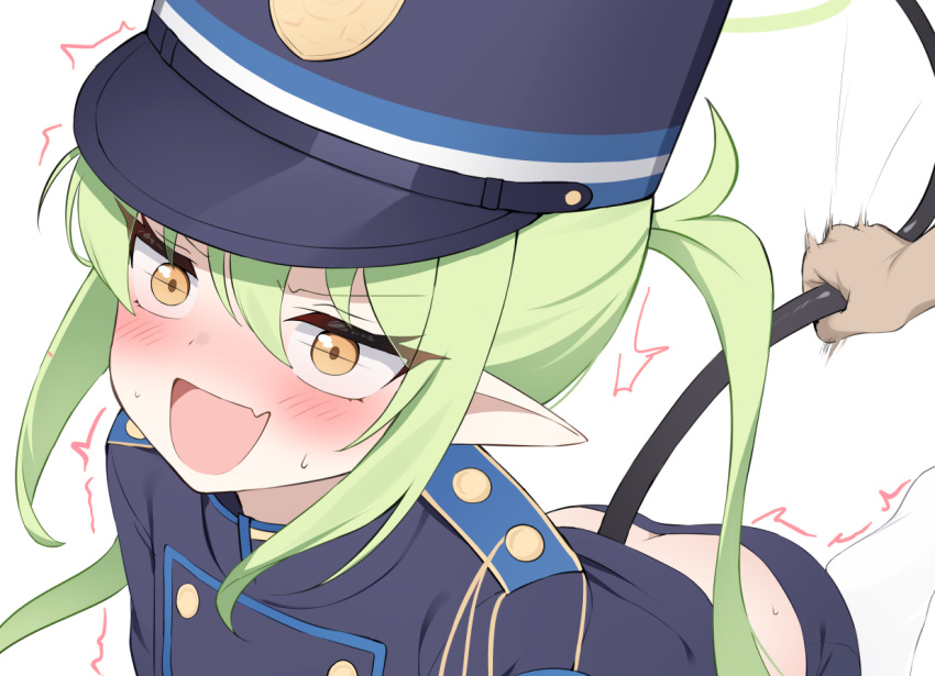 1girl bitseon black_tail blue_archive blush demon_tail flat_chest green_hair hair_between_eyes highlander_twintails_conductor_(blue_archive) open_mouth pointy_ears punishment squirming sweat tail tail_grab train_conductor white_background yellow_eyes