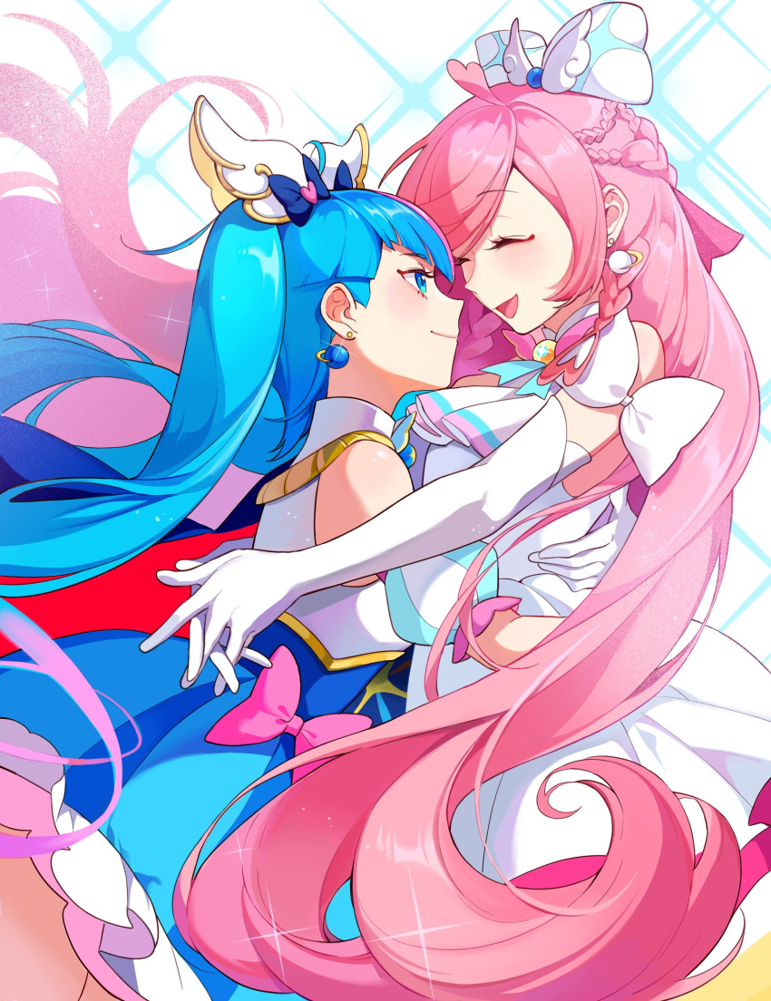 2girls absurdres ahoge bai_xin blue_cape blue_eyes blue_hair bow braid cape closed_eyes closed_mouth commentary cure_prism cure_sky detached_sleeves dress earrings glove_bow gloves hair_ornament heart heart_ahoge highres hirogaru_sky!_precure hug jewelry long_hair magical_girl multiple_girls nijigaoka_mashiro open_mouth pink_bow pink_hair precure puffy_detached_sleeves puffy_sleeves red_cape side_braids sidelocks single_earring sora_harewataru swept_bangs twintails two-sided_cape two-sided_fabric very_long_hair white_bow white_dress white_gloves wing_hair_ornament yuri