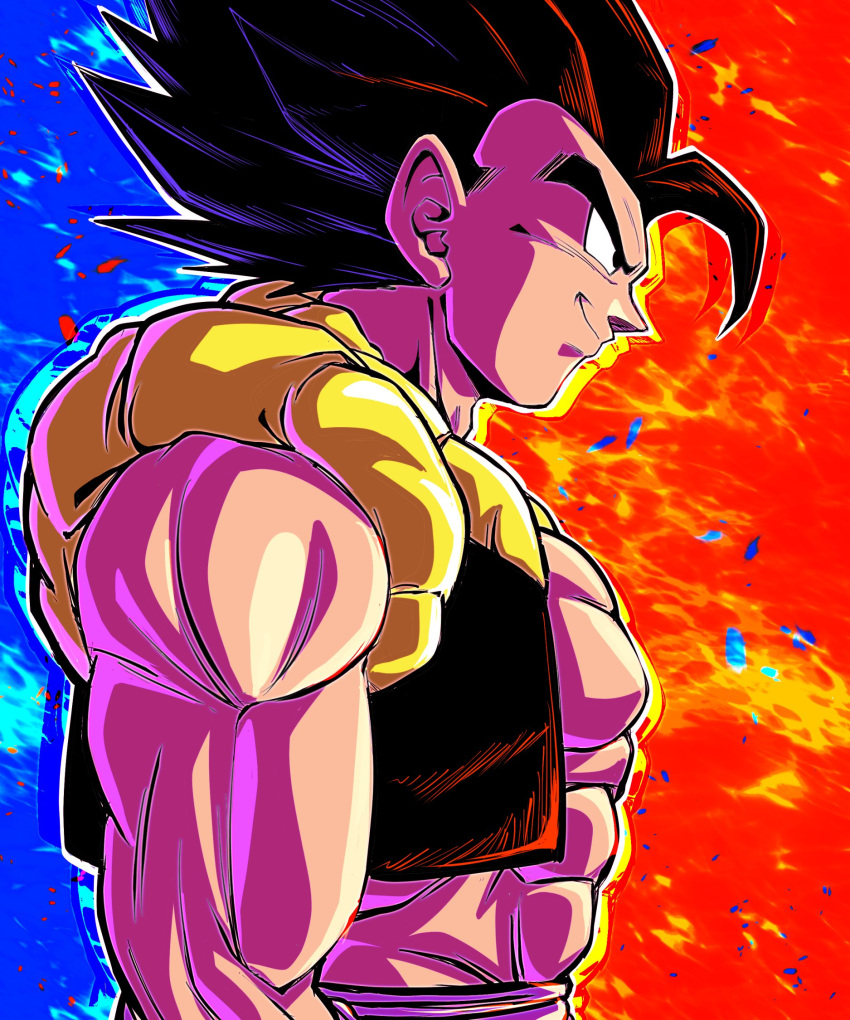 1boy black_eyes black_hair black_vest blue_background cropped_vest dragon_ball dragon_ball_super dragon_ball_super_broly from_side gogeta highres looking_ahead male_focus metamoran_vest muscular muscular_male no_shirt red_background sekitsuki_hayato smirk solo spiked_hair vest