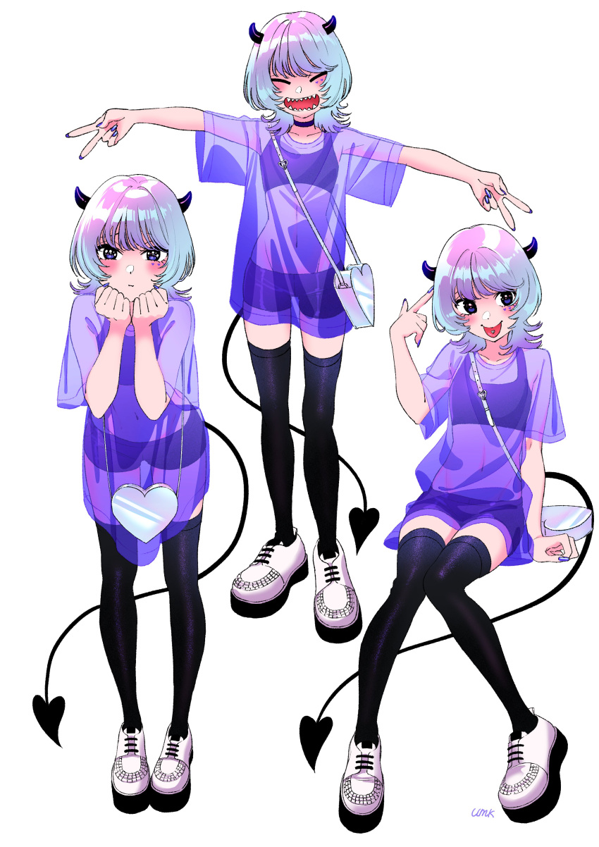 1girl :d :p absurdres artist_name bag black_shorts black_sports_bra black_thighhighs blue_hair blush choker closed_eyes demon_horns demon_tail double_v facial_mark gradient_hair hand_up handbag hands_on_own_face heart heart-shaped_bag heart_facial_mark highres horns light_blue_hair linea_alba looking_at_viewer looking_to_the_side medium_hair midriff multicolored_hair multiple_views nail_polish navel open_mouth original oversized_clothes oversized_shirt piercing pink_hair platform_footwear pout purple_eyes purple_nails purple_shirt see-through see-through_shirt sharp_teeth shirt shoes short_shorts short_sleeves shorts simple_background sitting smile sports_bra standing tail teeth thighhighs tongue tongue_out tongue_piercing umk30510 v white_background white_footwear