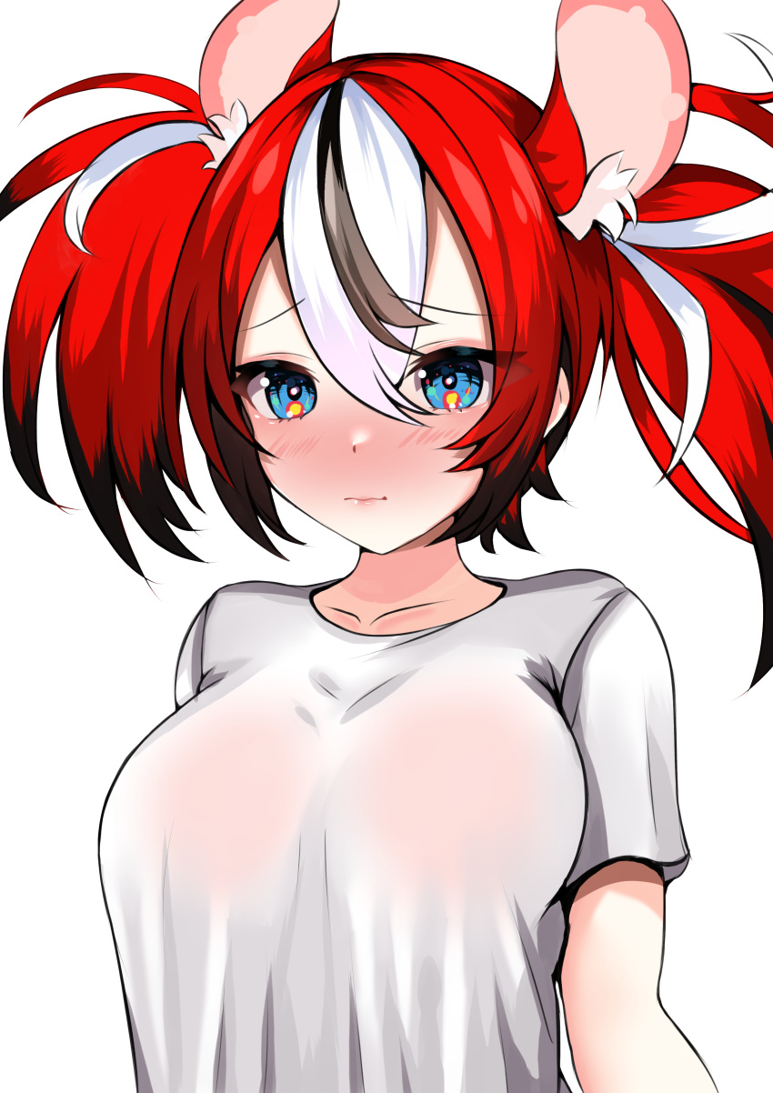 1girl absurdres animal_ear_fluff animal_ears black_hair blue_eyes blush breasts closed_mouth collarbone hair_between_eyes hakos_baelz highres hololive hololive_english large_breasts mouse_ears mouse_girl multicolored_hair panpanmc4 red_hair shirt short_sleeves solo streaked_hair upper_body virtual_youtuber white_hair white_shirt
