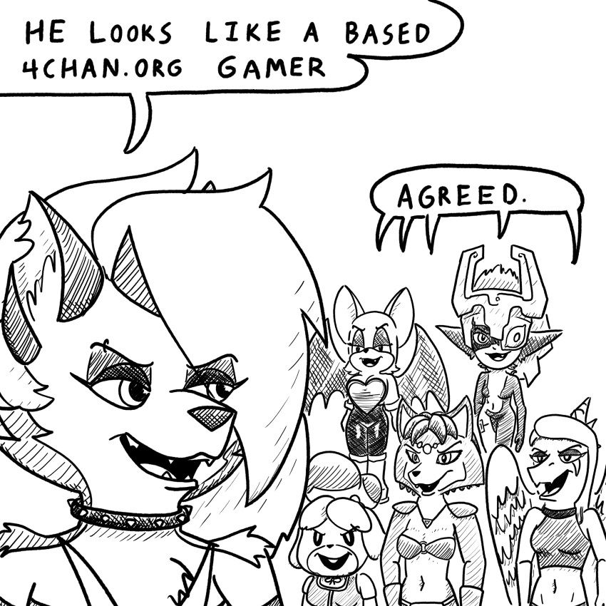 absurd_res animal_crossing anthro arm_tuft armor bat bat_wings canid canid_demon canine canis chest_tuft collar demon dialogue eyebrow_piercing eyelashes facial_piercing fang_(gvh) fangs feathered_wings feathers female fox fur goodbye_volcano_high group hair hair_over_eye half_dime he_looks_like_he_fucks headgear hellhound helluva_boss helmet hi_res imp isabelle_(animal_crossing) jewelry krystal_(star_fox) loona_(helluva_boss) mammal membrane_(anatomy) membranous_wings meme midna midriff mythological_canine mythological_creature mythology navel necklace nintendo one_eye_obstructed piercing pterosaur reptile rouge_the_bat scalie sega shoulder_tuft sonic_the_hedgehog_(series) speech_bubble star_fox teeth the_legend_of_zelda tuft twilight_princess white_devils_"agreed" wings wolf