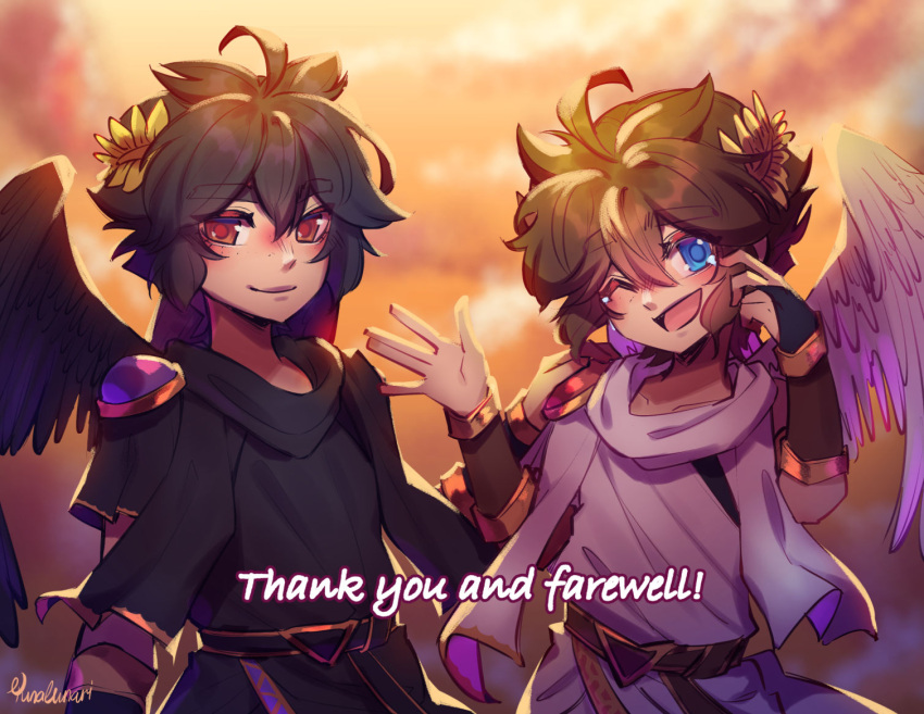 2boys angel angel_wings black_hair blue_eyes brown_hair dark_pit hand_on_another's_shoulder kid_icarus kid_icarus_uprising laurel_crown looking_at_viewer male_focus multiple_boys one_eye_closed pit_(kid_icarus) red_eyes signature tears thank_you vambraces wings wiping_tears yunalunaarts