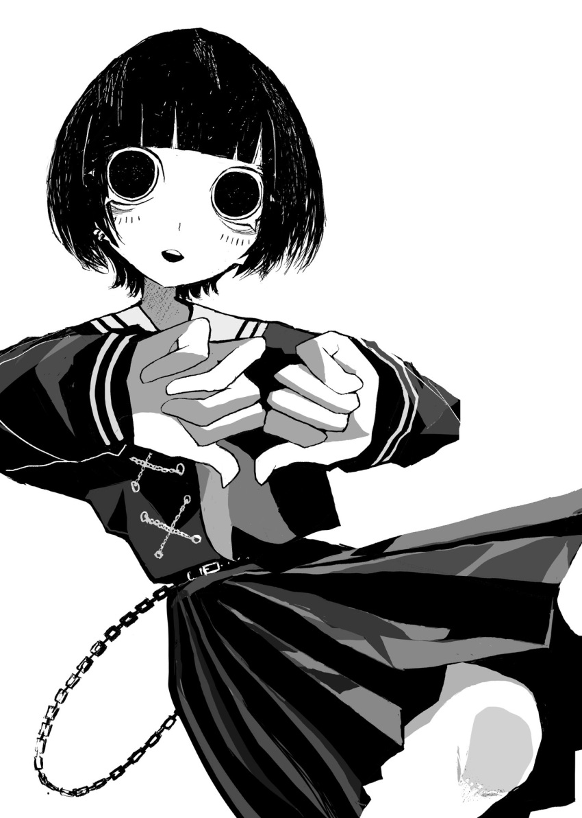 1girl ascot belt bob_cut chain dilated_pupils dutch_angle ear_piercing highres kyohai_9 looking_at_viewer monochrome open_mouth original piercing pleated_skirt sailor_collar shirt short_hair simple_background skirt solo teeth upper_teeth_only