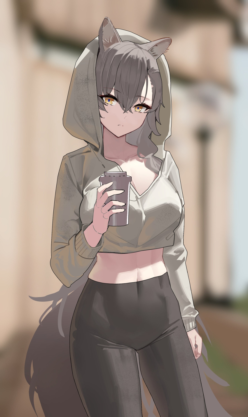 1girl absurdres alternate_costume animal_ears arknights black_pants blurry blurry_background breasts brown_hoodie cleavage closed_mouth commentary_request cropped_hoodie cup grey_hair hair_between_eyes highres holding holding_cup hood hood_up hoodie large_breasts long_hair looking_at_viewer maanu midriff navel pants parted_bangs penance_(arknights) solo tail thighs upper_body wolf_ears wolf_girl wolf_tail yellow_eyes yoga_pants