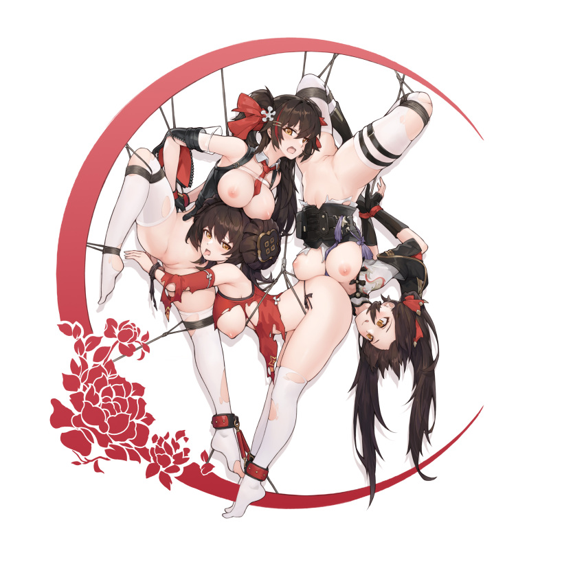 absurdres bdsm bondage bound breasts brown_eyes brown_hair girls'_frontline_2:_exilium highres large_breasts long_hair multicolored_hair nipples pussy red_hair simple_background stmast streaked_hair thighhighs twintails two-tone_hair type_97_(girls'_frontline) upside-down white_background white_thighhighs
