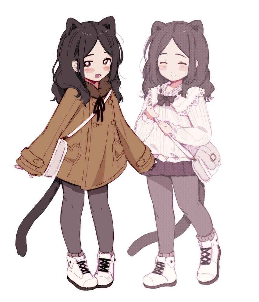 1girl animal_ears bag black_hair black_pantyhose blush boots brown_eyes brown_jacket cat_ears cat_girl cat_tail closed_eyes full_body fur_trim highres jacket lisa_(mochi070823) long_hair long_sleeves mole mole_under_eye multiple_views open_mouth original pantyhose shoes simple_background skirt sleeves_past_wrists smile standing tail white_background white_footwear