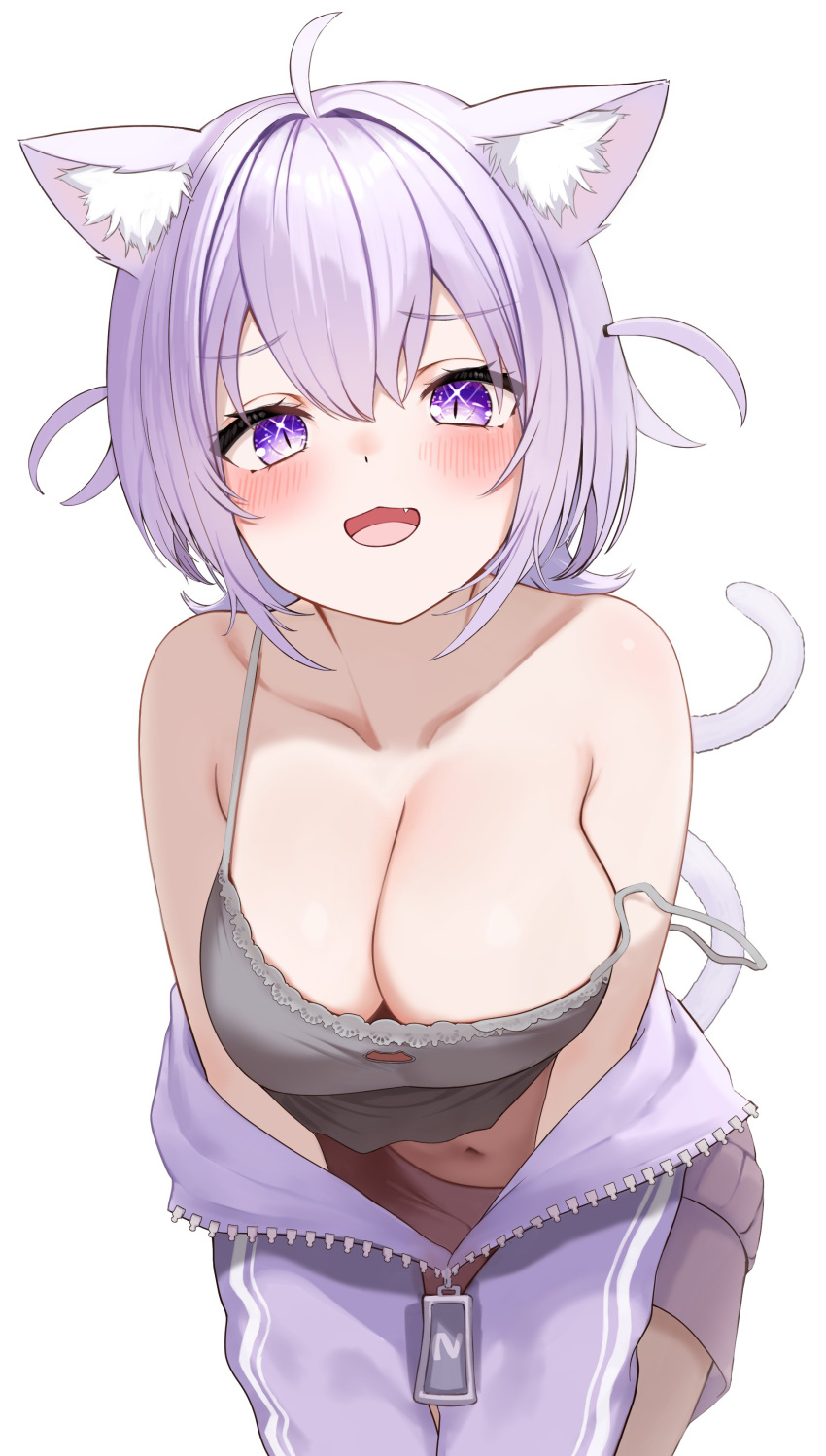 1girl absurdres ahoge animal_ear_fluff animal_ears black_camisole blush breasts buket_pudding_i camisole cat_ears cat_girl cat_tail cleavage fang highres hololive jacket large_breasts looking_at_viewer medium_hair navel nekomata_okayu nekomata_okayu_(membership) official_alternate_costume open_mouth purple_eyes purple_hair purple_jacket purple_shorts shorts smile solo tail two_side_up virtual_youtuber white_background