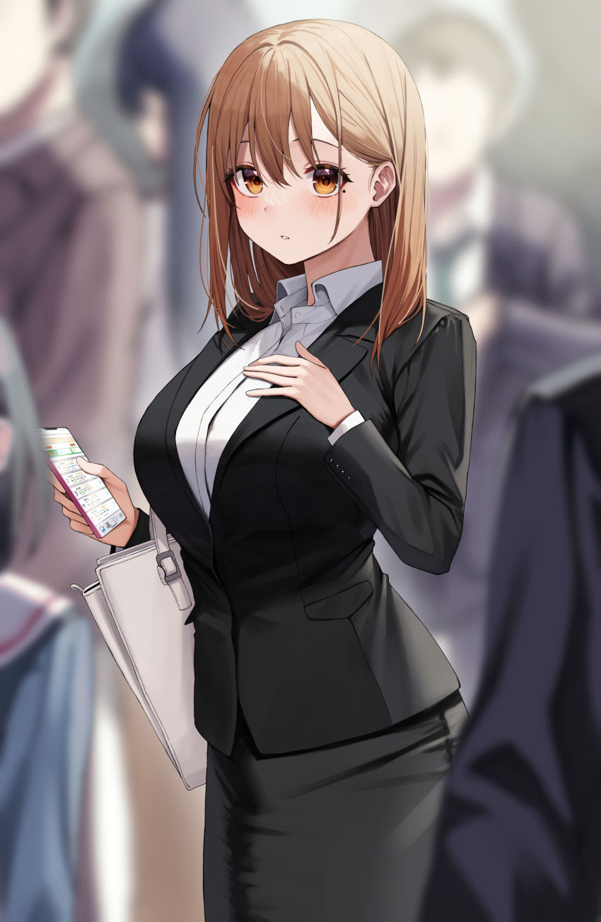 1girl absurdres bag black_skirt blazer blurry blurry_background blush breasts brown_eyes brown_hair business_suit cellphone cowboy_shot hand_on_own_chest handbag highres jacket large_breasts looking_at_viewer mole mole_under_eye office_lady ol-chan_(udon) original pantyhose parted_lips pencil_skirt phone shirt shoulder_bag skirt smartphone solo_focus suit udon_(udonalium) white_shirt wing_collar