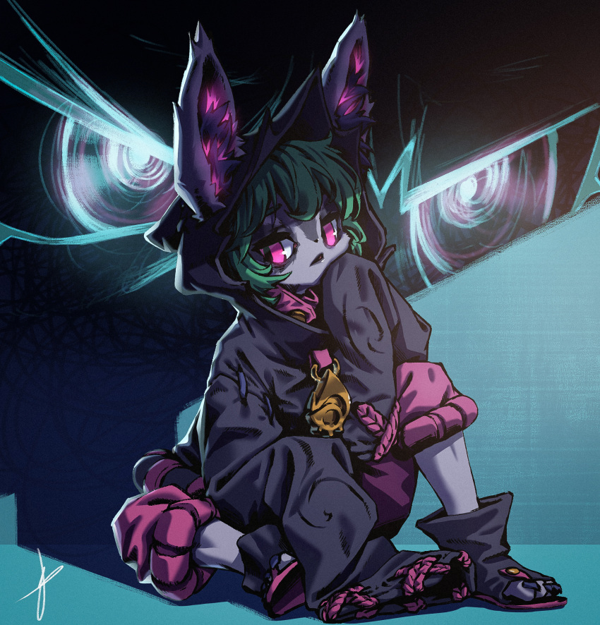 ambiguous_anthro ambiguous_gender angry anthro big_ears blaedic bottomwear claws clothed clothing detailed_background duo footwear full-length_portrait fully_clothed furgonomic_topwear furgonomics glowing glowing_ears glowing_eyes green_hair hair hi_res league_of_legends long_sleeves looking_aside pants pink_bottomwear pink_clothing pink_eyes pink_pants portrait riot_games rolled_up_pants shadow shadow_(lol) shadow_creature sitting spread_legs spreading sweater toeless_footwear topwear vex_(lol) yordle