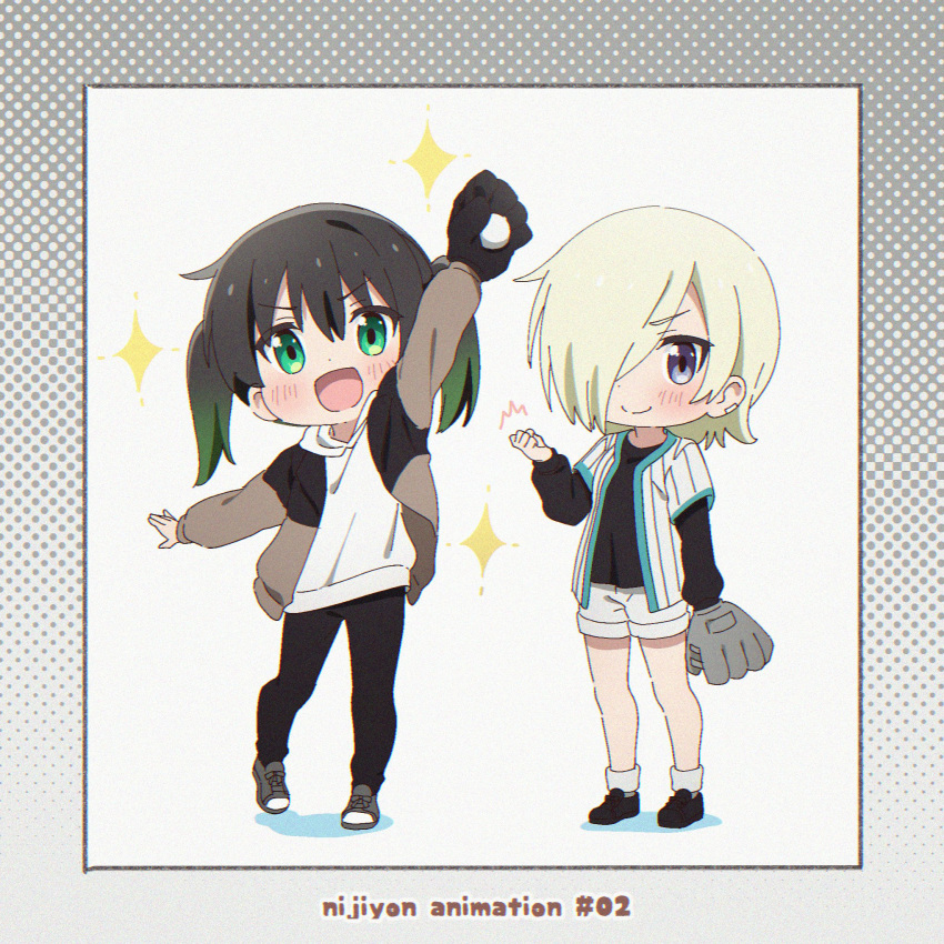 2girls ball baseball baseball_mitt black_footwear black_hair black_mittens black_undershirt blonde_hair blush border brown_jacket chibi clenched_hand closed_mouth commentary_request copyright_name ear_piercing full_body gradient_border gradient_hair green_eyes green_hair grey_border grey_footwear grey_mittens hair_over_one_eye highres holding holding_ball hood hoodie jacket kiritsuki_(crux) leg_up long_sleeves looking_at_viewer love_live! love_live!_nijigasaki_high_school_idol_club mia_taylor mittens multicolored_hair multiple_girls nijiyon one_eye_covered open_clothes open_jacket open_mouth open_shirt piercing polka_dot_border purple_eyes shirt shoes short_hair shorts sidelocks smile socks sparkle standing takasaki_yu twintails v-shaped_eyebrows white_background white_border white_hoodie white_shirt white_shorts white_socks