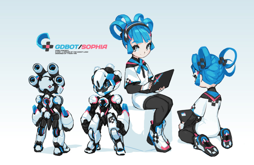 1girl absurdres black_pantyhose blue_hair boots computer english_text godot_(game_engine) grey_eyes highres holding holding_laptop laptop looking_at_viewer medium_hair pantyhose robot tyson_tan white_footwear