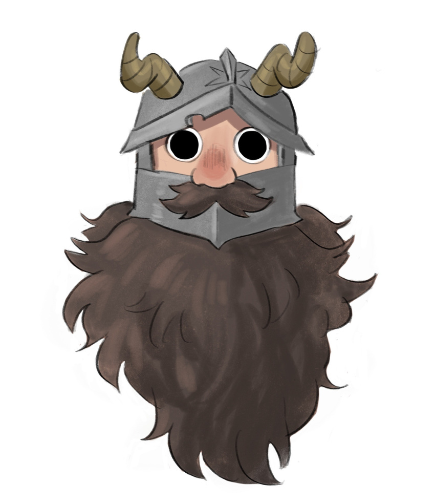 1boy beard blank_stare brown_hair cropped_head dilated_pupils dungeon_meshi dwarf empty_eyes facial_hair fake_horns helmet highres horned_helmet horns long_beard looking_at_viewer male_focus red_nose senshi_(dungeon_meshi) solo straight-on thick_mustache very_long_beard white_background woafofbread