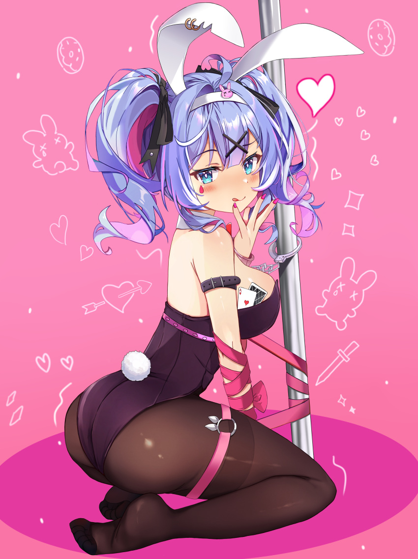 1girl :q absurdres ace_(playing_card) ace_of_hearts ahoge animal_ears ass bare_shoulders black_leotard black_pantyhose black_ribbon blue_eyes blue_hair blush breasts card cuffs fake_animal_ears fake_tail from_behind hair_ornament handcuffs hatsune_miku heart heart-shaped_pupils heart_ahoge highres kneeling large_breasts leotard long_hair looking_at_viewer multicolored_hair pantyhose pink_background pink_hair pink_nails pink_pupils pink_ribbon playboy_bunny playing_card pole rabbit_ears rabbit_hair_ornament rabbit_hole_(vocaloid) rabbit_tail restrained ribbon strapless strapless_leotard streaked_hair stripper_pole symbol-shaped_pupils tail teardrop_facial_mark tongue tongue_out twintails vocaloid white_hair x_hair_ornament yuki_kokoro