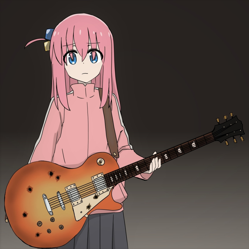 1girl beck black_skirt blue_eyes bocchi_the_rock! bullet_hole cube_hair_ornament electric_guitar frown gibson_les_paul gotoh_hitori gradient_background guitar guitar_strap hair_ornament highres holding holding_guitar holding_instrument instrument jacket looking_at_viewer lucille_(beck) pink_hair pink_jacket pink_track_suit side_ahoge skirt solo type-pro